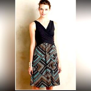ANTHROPOLOGIE Amadi Crossfront Lola Dress In Black Brown & Turquoise Sz L ✨EUC✨